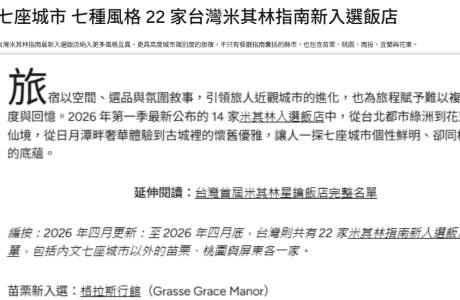 賀 格拉斯行館榮膺 2026 米其林指南新入選飯店